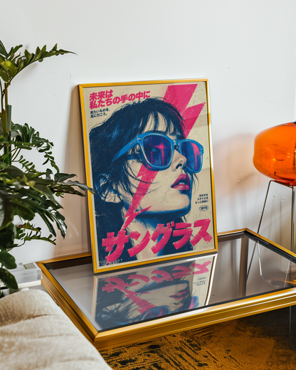 Japanese Pop Art Portrait Poster, Blue Sunglasses and Pink Lightning, Retro Tokyo Wall Decor