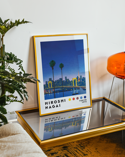 Hiroshi Nagai Tokyo 1973 Poster, Japanese Cityscape, Bridge and Tokyo Tower, Palm Trees, Retro Japanese Wall Ar