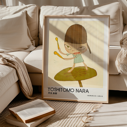Yoshitomo Nara Girl Playing Drums Poster, Brown Hair Green Dress, Japanese Contemporary Art Print