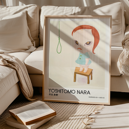 Yoshitomo Nara Red Haired Girl on Stool Poster, Japanese Contemporary Art Print, Minimalist Wall Decor, Green Eyes Artwork