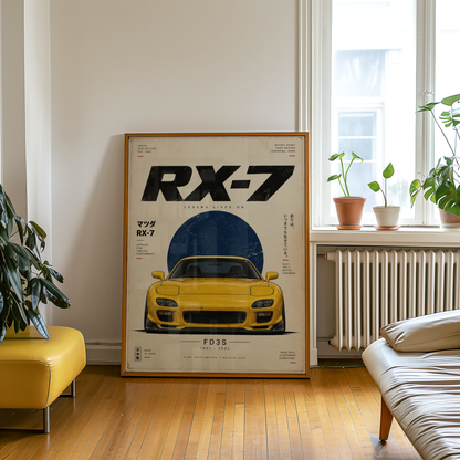 Japanese Rotary Sports Car Poster, Minimalist JDM Wall Art, 90s Yellow Coupe Print, Retro Tuner Illustration, Garage Decor