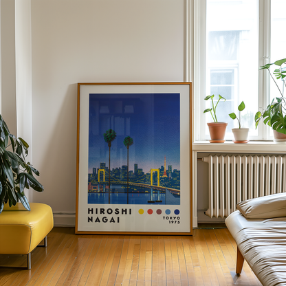 Hiroshi Nagai Tokyo 1973 Poster, Japanese Cityscape, Bridge and Tokyo Tower, Palm Trees, Retro Japanese Wall Ar