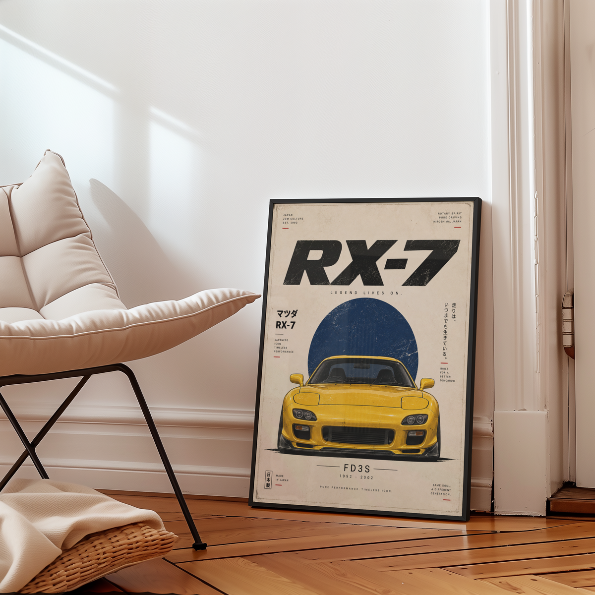 Japanese Rotary Sports Car Poster, Minimalist JDM Wall Art, 90s Yellow Coupe Print, Retro Tuner Illustration, Garage Decor