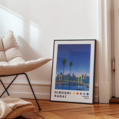 Hiroshi Nagai Tokyo 1973 Poster, Japanese Cityscape, Bridge and Tokyo Tower, Palm Trees, Retro Japanese Wall Ar
