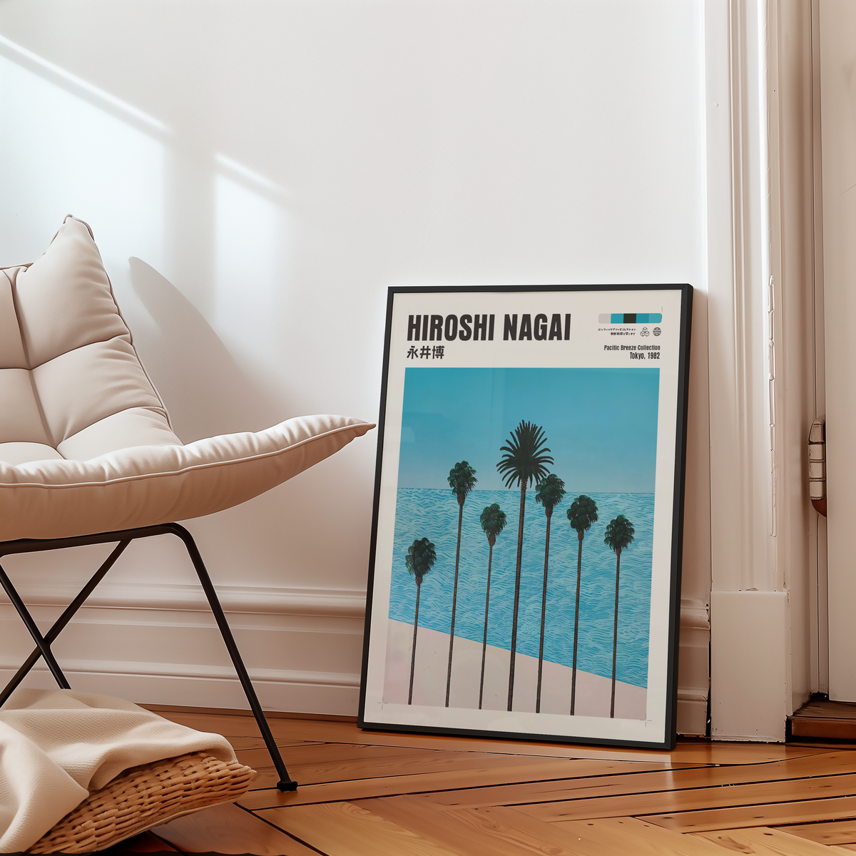 Hiroshi Nagai Pacific Breeze Poster, Japanese Ocean and Palm Trees, Turquoise Sea, Retro Beach Wall Art, Summer Coastal Decor