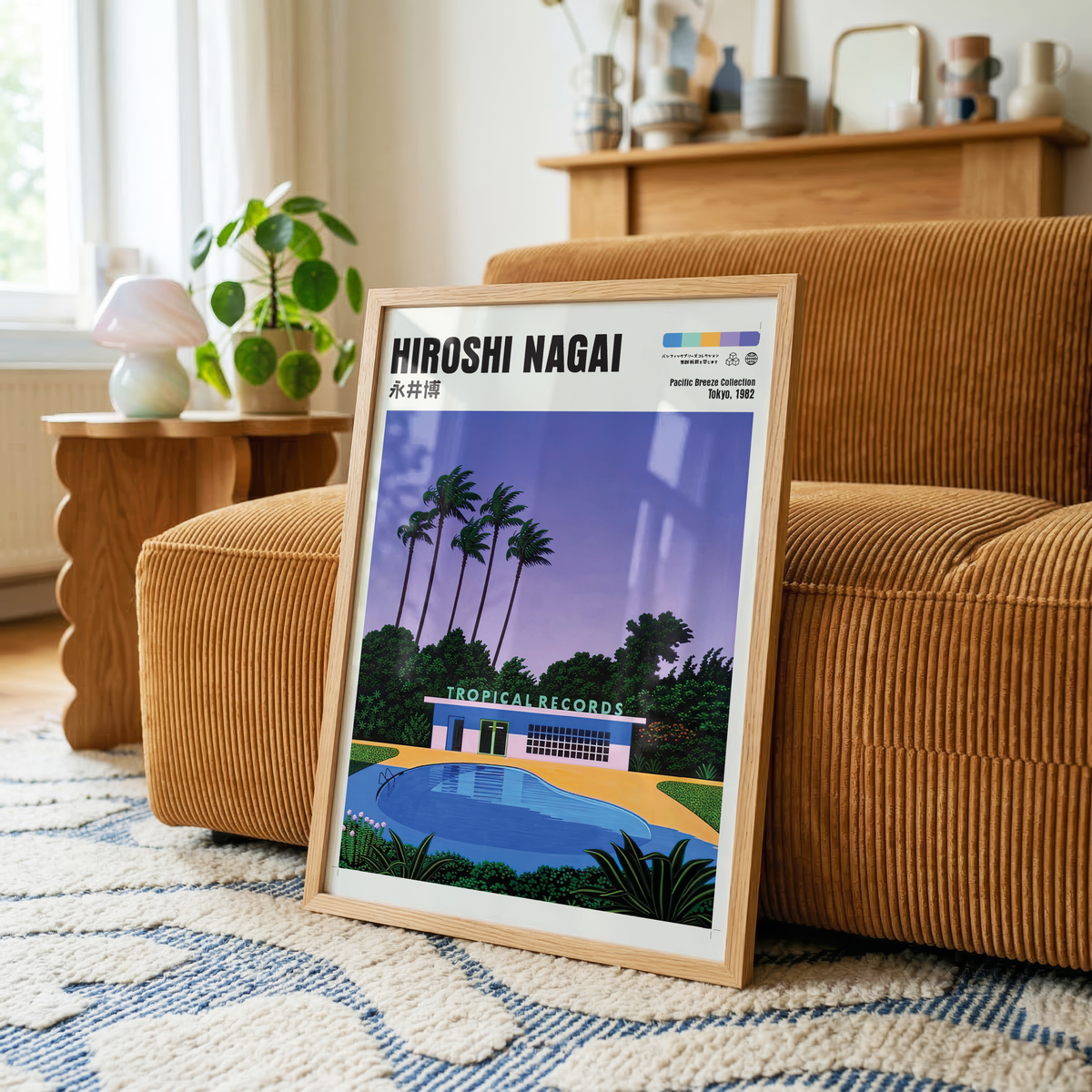 Hiroshi Nagai Pacific Breeze Poster, Tropical Pool Art, Japanese Retro Summer Print, Palm Tree Wall Decor, City Pop Artwork