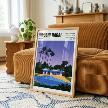 Hiroshi Nagai Pacific Breeze Poster, Tropical Pool Art, Japanese Retro Summer Print, Palm Tree Wall Decor, City Pop Artwork