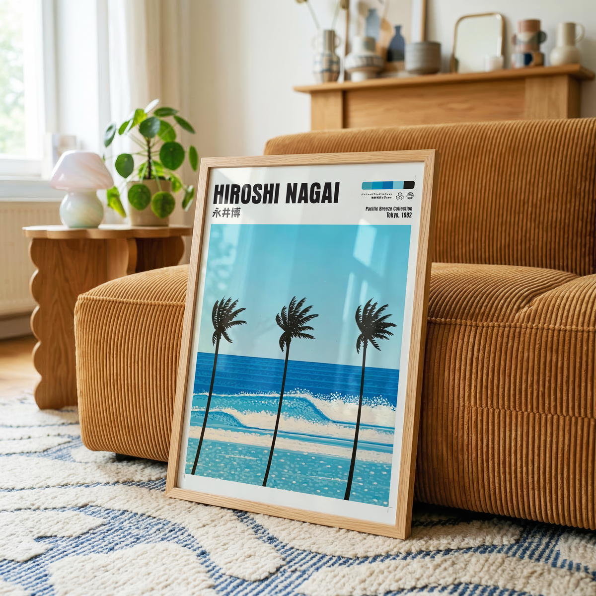 Hiroshi Nagai Pacific Breeze Poster, Tropical Palm Tree Art, Japanese Ocean Print, Retro Surf Wall Decor, Blue Summer Beach Artwork