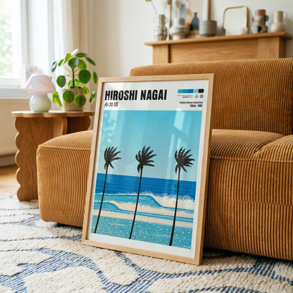 Hiroshi Nagai Pacific Breeze Poster, Tropical Palm Tree Art, Japanese Ocean Print, Retro Surf Wall Decor, Blue Summer Beach Artwork