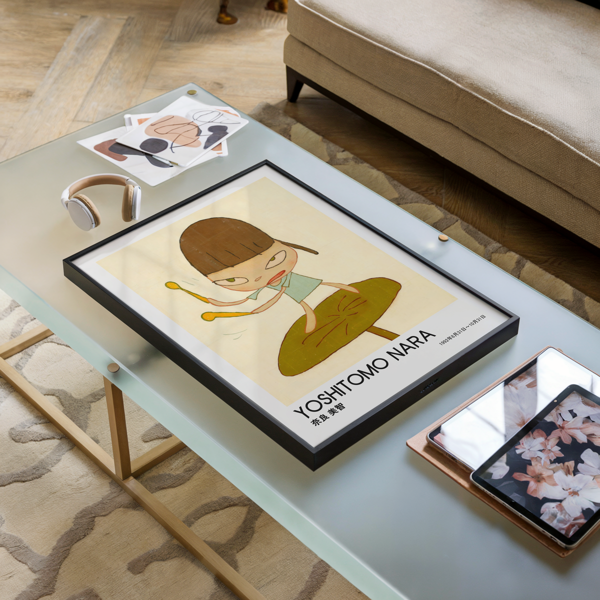 Yoshitomo Nara Girl Playing Drums Poster, Brown Hair Green Dress, Japanese Contemporary Art Print