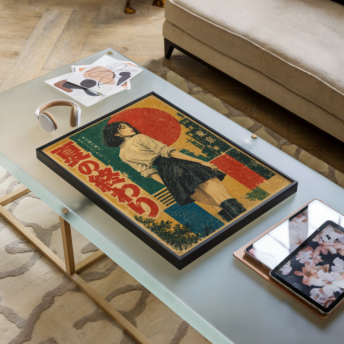 Retro Japanese Summer Poster, Woman in Tokyo at Sunset, Vintage Geometric Wall Art