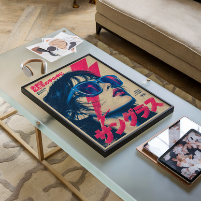 Japanese Pop Art Portrait Poster, Blue Sunglasses and Pink Lightning, Retro Tokyo Wall Decor