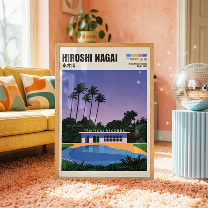Hiroshi Nagai Pacific Breeze Poster, Tropical Pool Art, Japanese Retro Summer Print, Palm Tree Wall Decor, City Pop Artwork