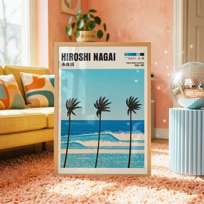 Hiroshi Nagai Pacific Breeze Poster, Tropical Palm Tree Art, Japanese Ocean Print, Retro Surf Wall Decor, Blue Summer Beach Artwork