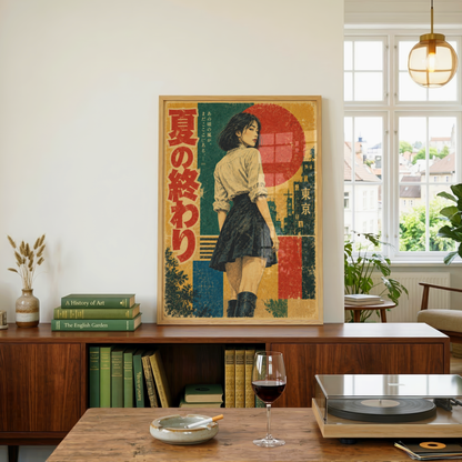 Retro Japanese Summer Poster, Woman in Tokyo at Sunset, Vintage Geometric Wall Art