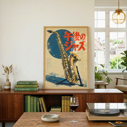 Japanese Jazz Poster, Golden Saxophone with Red Lettering, Retro Music Wall Art