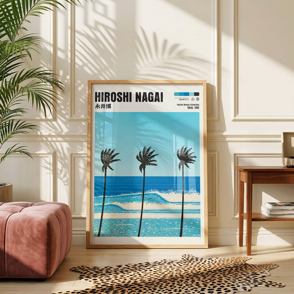 Hiroshi Nagai Pacific Breeze Poster, Tropical Palm Tree Art, Japanese Ocean Print, Retro Surf Wall Decor, Blue Summer Beach Artwork