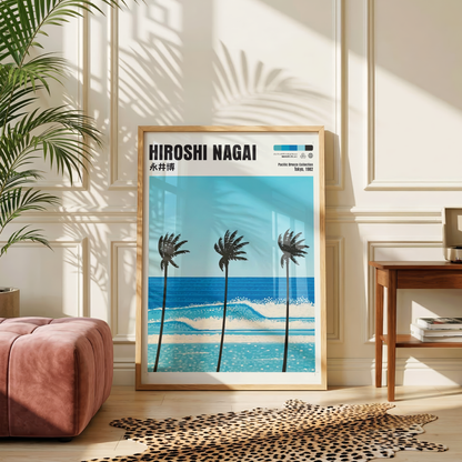 Hiroshi Nagai Pacific Breeze Poster, Tropical Palm Tree Art, Japanese Ocean Print, Retro Surf Wall Decor, Blue Summer Beach Artwork