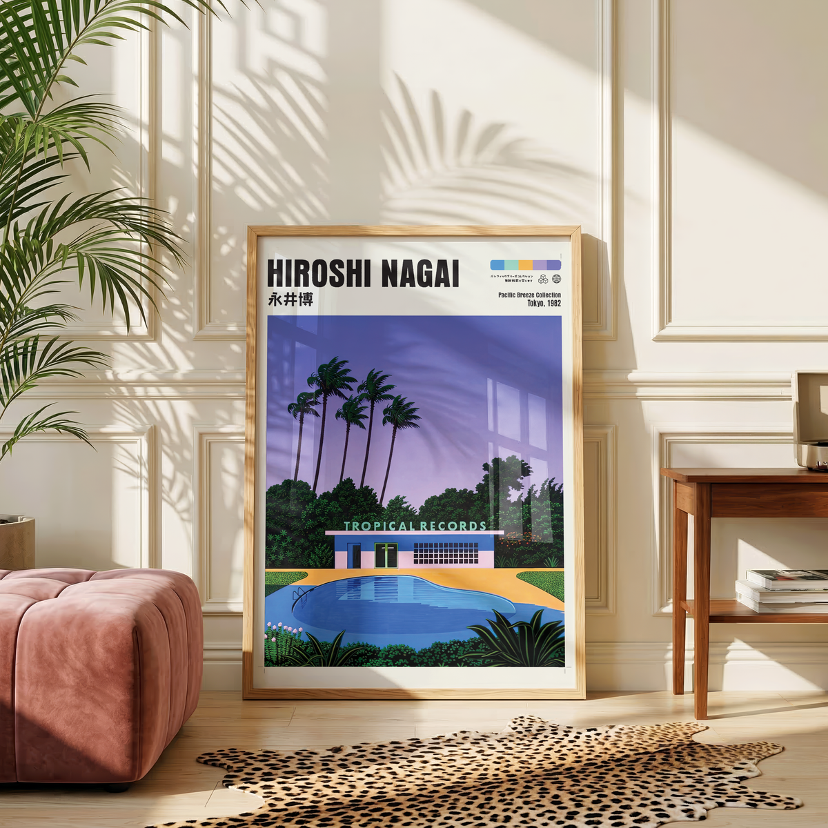Hiroshi Nagai Pacific Breeze Poster, Tropical Pool Art, Japanese Retro Summer Print, Palm Tree Wall Decor, City Pop Artwork