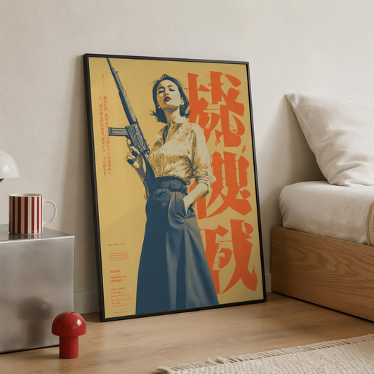 Affiche Japonaise Vintage Femme avec Fusil, Wall Art Rétro Japonais, Poster Orange et Bleu, Décoration Murale Graphique