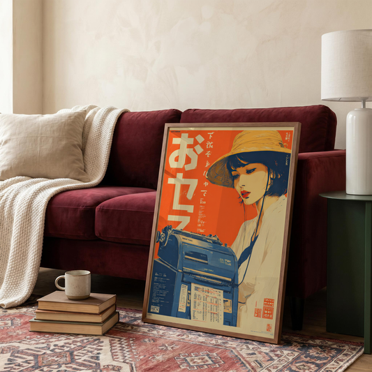 Affiche Japonaise Vintage Femme à la Machine à Écrire, Wall Art Rétro, Poster Orange et Bleu, Décoration Murale