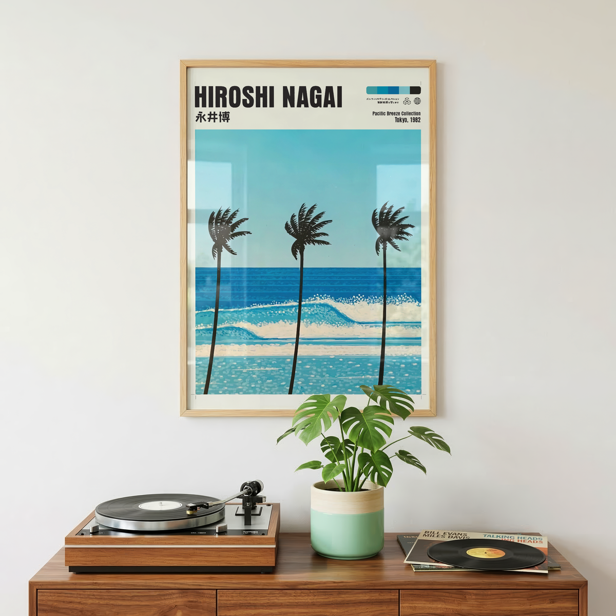Hiroshi Nagai Pacific Breeze Poster, Tropical Palm Tree Art, Japanese Ocean Print, Retro Surf Wall Decor, Blue Summer Beach Artwork