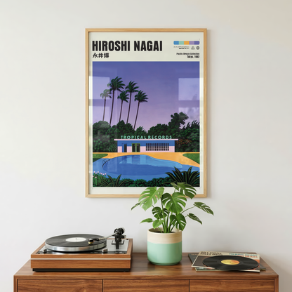 Hiroshi Nagai Pacific Breeze Poster, Tropical Pool Art, Japanese Retro Summer Print, Palm Tree Wall Decor, City Pop Artwork