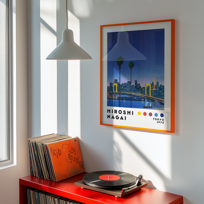Hiroshi Nagai Tokyo 1973 Poster, Japanese Cityscape, Bridge and Tokyo Tower, Palm Trees, Retro Japanese Wall Ar