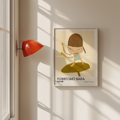 Yoshitomo Nara Girl Playing Drums Poster, Brown Hair Green Dress, Japanese Contemporary Art Print