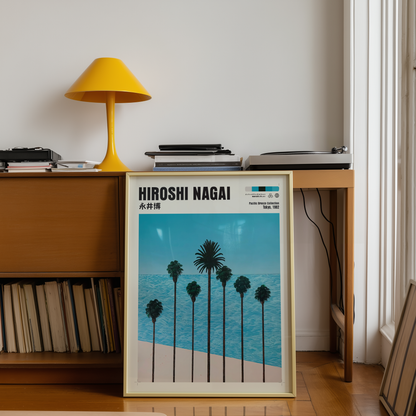 Hiroshi Nagai Pacific Breeze Poster, Japanese Ocean and Palm Trees, Turquoise Sea, Retro Beach Wall Art, Summer Coastal Decor