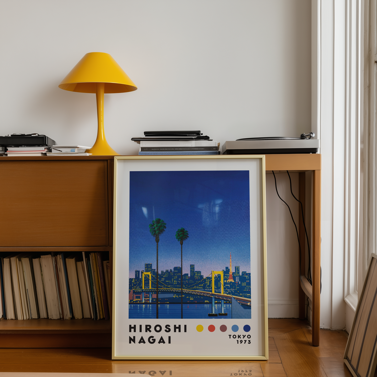 Hiroshi Nagai Tokyo 1973 Poster, Japanese Cityscape, Bridge and Tokyo Tower, Palm Trees, Retro Japanese Wall Ar