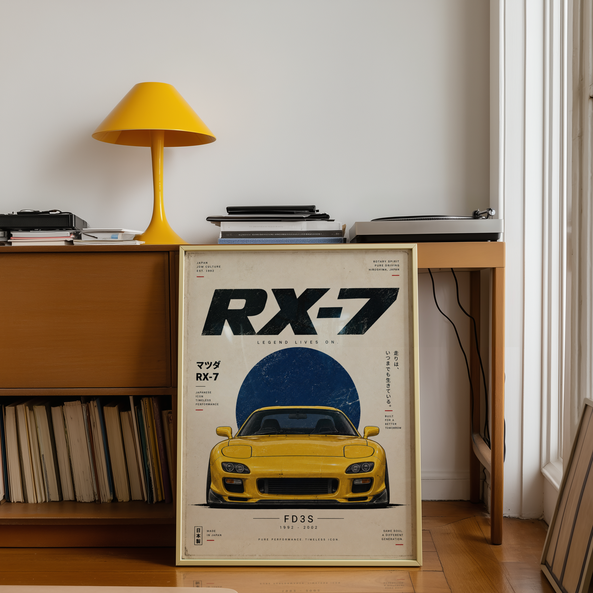 Japanese Rotary Sports Car Poster, Minimalist JDM Wall Art, 90s Yellow Coupe Print, Retro Tuner Illustration, Garage Decor