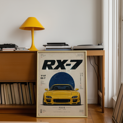 Japanese Rotary Sports Car Poster, Minimalist JDM Wall Art, 90s Yellow Coupe Print, Retro Tuner Illustration, Garage Decor