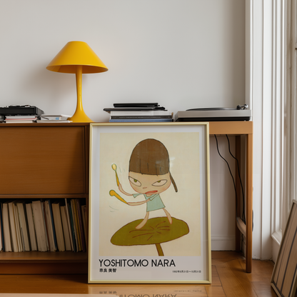 Yoshitomo Nara Girl Playing Drums Poster, Brown Hair Green Dress, Japanese Contemporary Art Print