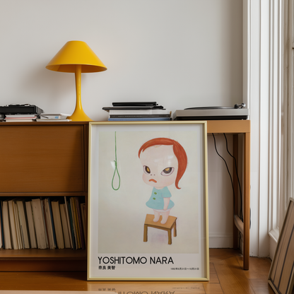 Yoshitomo Nara Red Haired Girl on Stool Poster, Japanese Contemporary Art Print, Minimalist Wall Decor, Green Eyes Artwork