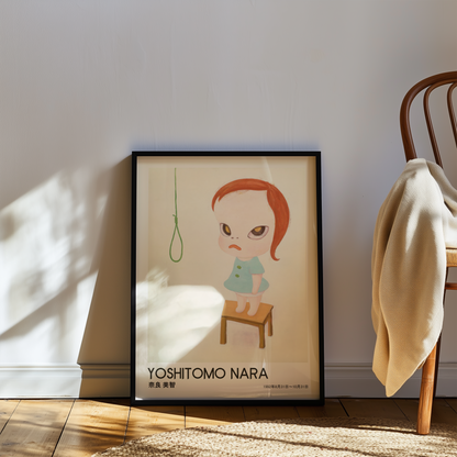 Yoshitomo Nara Red Haired Girl on Stool Poster, Japanese Contemporary Art Print, Minimalist Wall Decor, Green Eyes Artwork