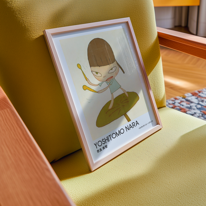 Yoshitomo Nara Girl Playing Drums Poster, Brown Hair Green Dress, Japanese Contemporary Art Print