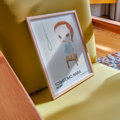 Yoshitomo Nara Red Haired Girl on Stool Poster, Japanese Contemporary Art Print, Minimalist Wall Decor, Green Eyes Artwork