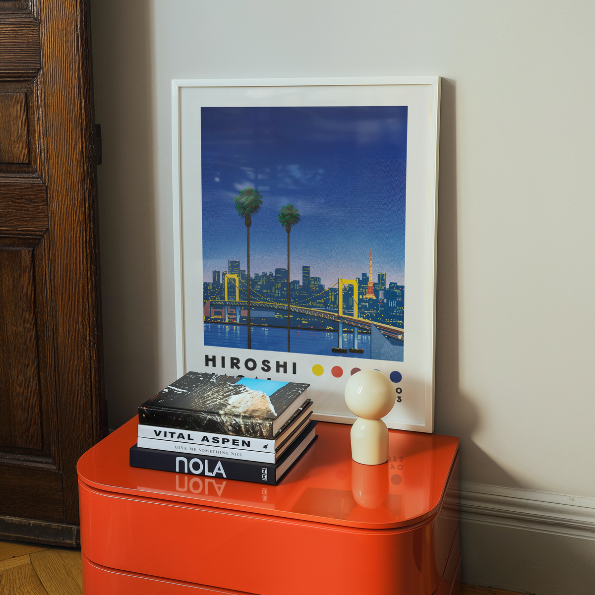 Hiroshi Nagai Tokyo 1973 Poster, Japanese Cityscape, Bridge and Tokyo Tower, Palm Trees, Retro Japanese Wall Ar
