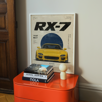 Japanese Rotary Sports Car Poster, Minimalist JDM Wall Art, 90s Yellow Coupe Print, Retro Tuner Illustration, Garage Decor