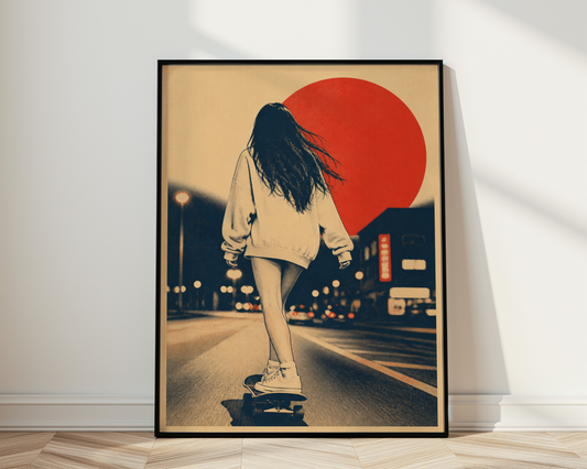 Female Skateboarder Poster, Vintage Skate Girl Wall Art, Japanese Street Style Print, Retro City Skate Decor, Skate Room Art, Tokyo Night