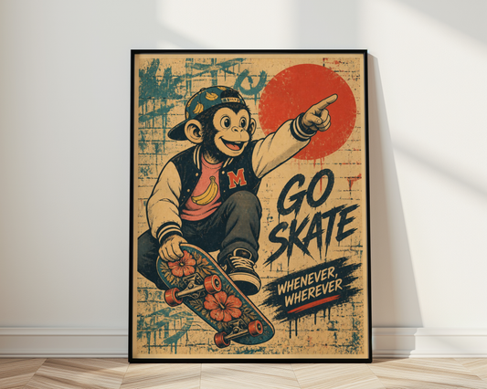 Skateboarding Monkey Poster, Go Skate Wall Art, Vintage Skateboard Print, Retro Street Art, Cool Animal Decor, Skate Room Poster