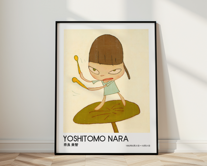 Yoshitomo Nara Girl Playing Drums Poster, Brown Hair Green Dress, Japanese Contemporary Art Print