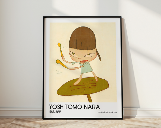 Yoshitomo Nara Girl Playing Drums Poster, Brown Hair Green Dress, Japanese Contemporary Art Print