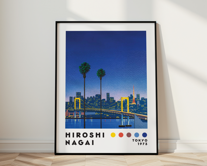 Hiroshi Nagai Tokyo 1973 Poster, Japanese Cityscape, Bridge and Tokyo Tower, Palm Trees, Retro Japanese Wall Ar
