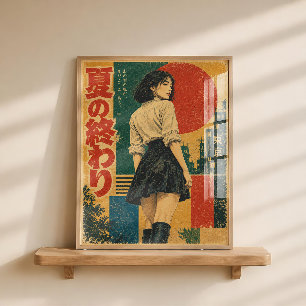 Retro Japanese Summer Poster, Woman in Tokyo at Sunset, Vintage Geometric Wall Art