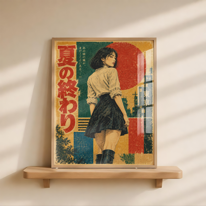 Retro Japanese Summer Poster, Woman in Tokyo at Sunset, Vintage Geometric Wall Art