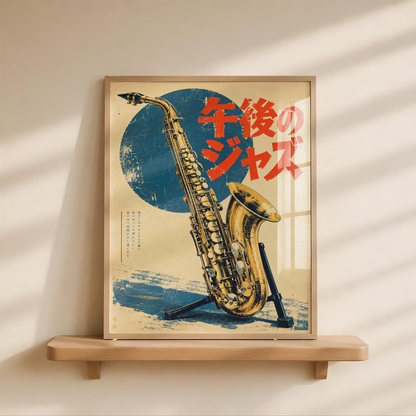 Japanese Jazz Poster, Golden Saxophone with Red Lettering, Retro Music Wall Art