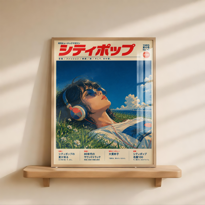 1980s Japanese City Pop Poster, Summer Magazine Cover Art, Anime Style Seaside Illustration