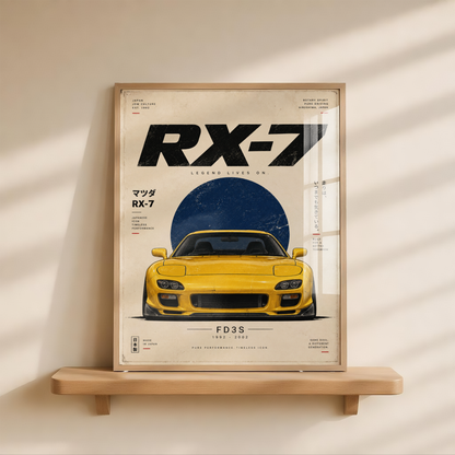 Japanese Rotary Sports Car Poster, Minimalist JDM Wall Art, 90s Yellow Coupe Print, Retro Tuner Illustration, Garage Decor